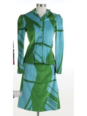 Vintage 70s Velvet Green and Teal Patterned Women’s Blazer & SKIRT set